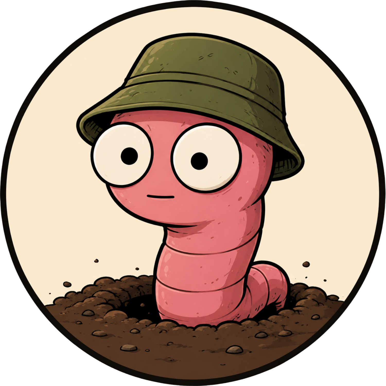 wurm, a pink worm in a green bucket hat, peeking out of the dirt